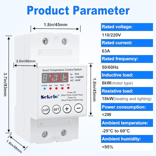 Sekelo High-Power Temperature Control Switch, Rail-Mounted Digital Thermostat with Real-Time LCD Display for Heating & Cooling, 63A 110/220V, -40°C to 140°C, Ideal for Greenhouses, Aquaculture,Boilers - Image 5