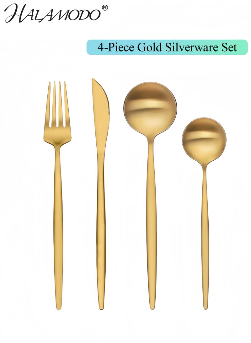 هالامودو طقم أدوات مائدة ذهبي فضي مكون من 4 قطع، طقم أدوات مائدة من الفولاذ المقاوم للصدأ، يتضمن ملاعق وشوك وسكاكين وأدوات مائدة للمطبخ والمنزل والمطعم - Image 1