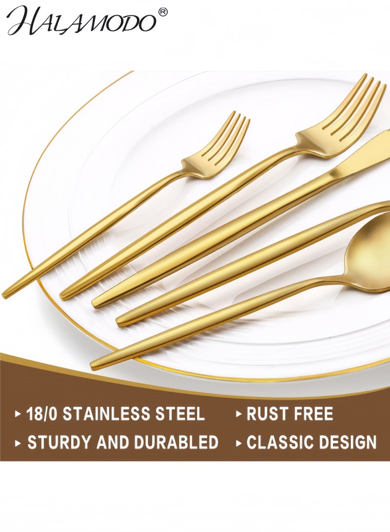 هالامودو طقم أدوات مائدة ذهبي فضي مكون من 4 قطع، طقم أدوات مائدة من الفولاذ المقاوم للصدأ، يتضمن ملاعق وشوك وسكاكين وأدوات مائدة للمطبخ والمنزل والمطعم - Image 3