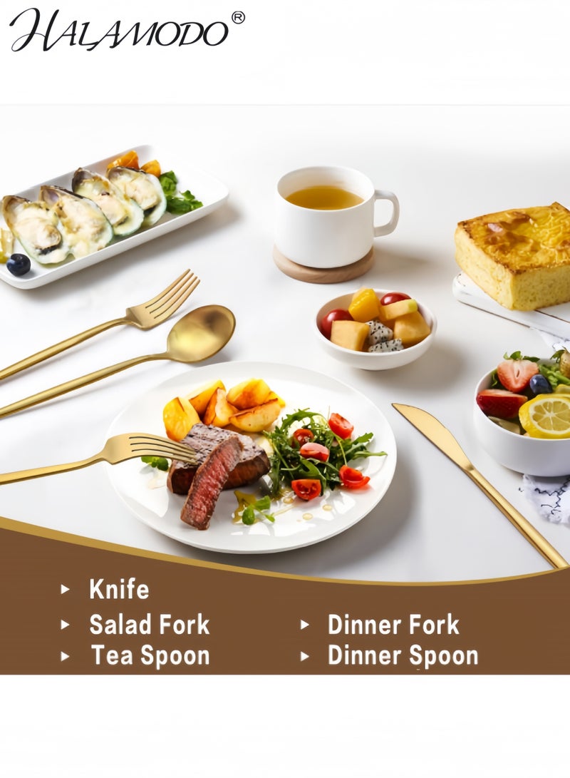 هالامودو طقم أدوات مائدة ذهبي فضي مكون من 4 قطع، طقم أدوات مائدة من الفولاذ المقاوم للصدأ، يتضمن ملاعق وشوك وسكاكين وأدوات مائدة للمطبخ والمنزل والمطعم - Image 5
