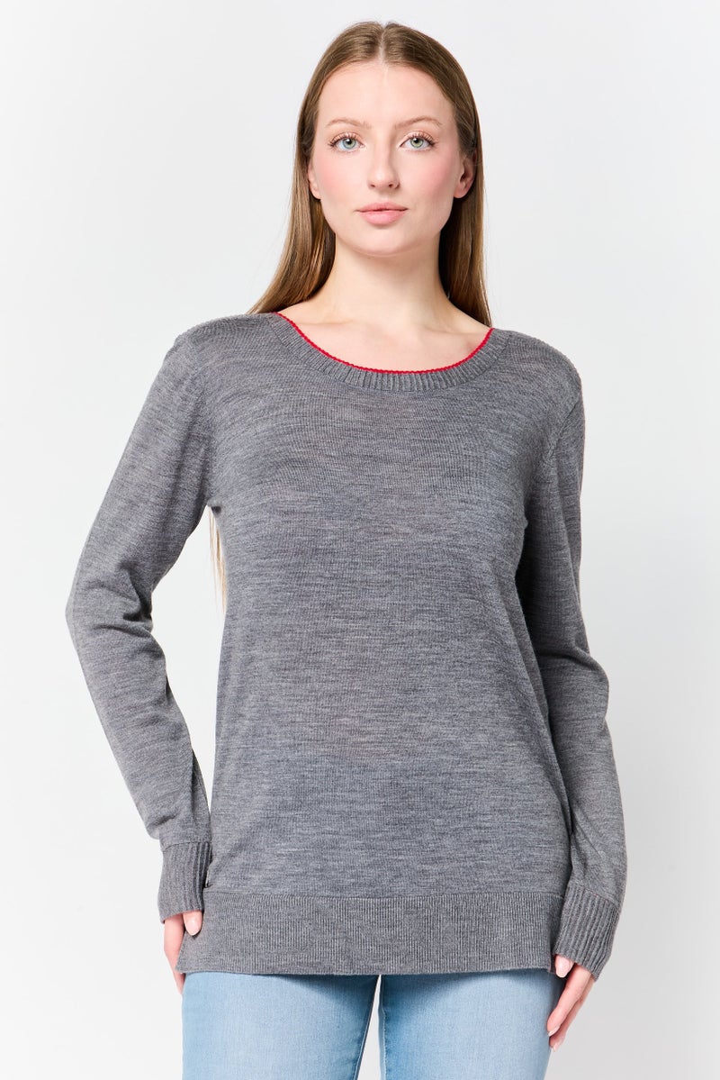 LACOSTE Women Ribbed Neck Long Sleeve Heather Sweaters, Heather Grey - Image 1