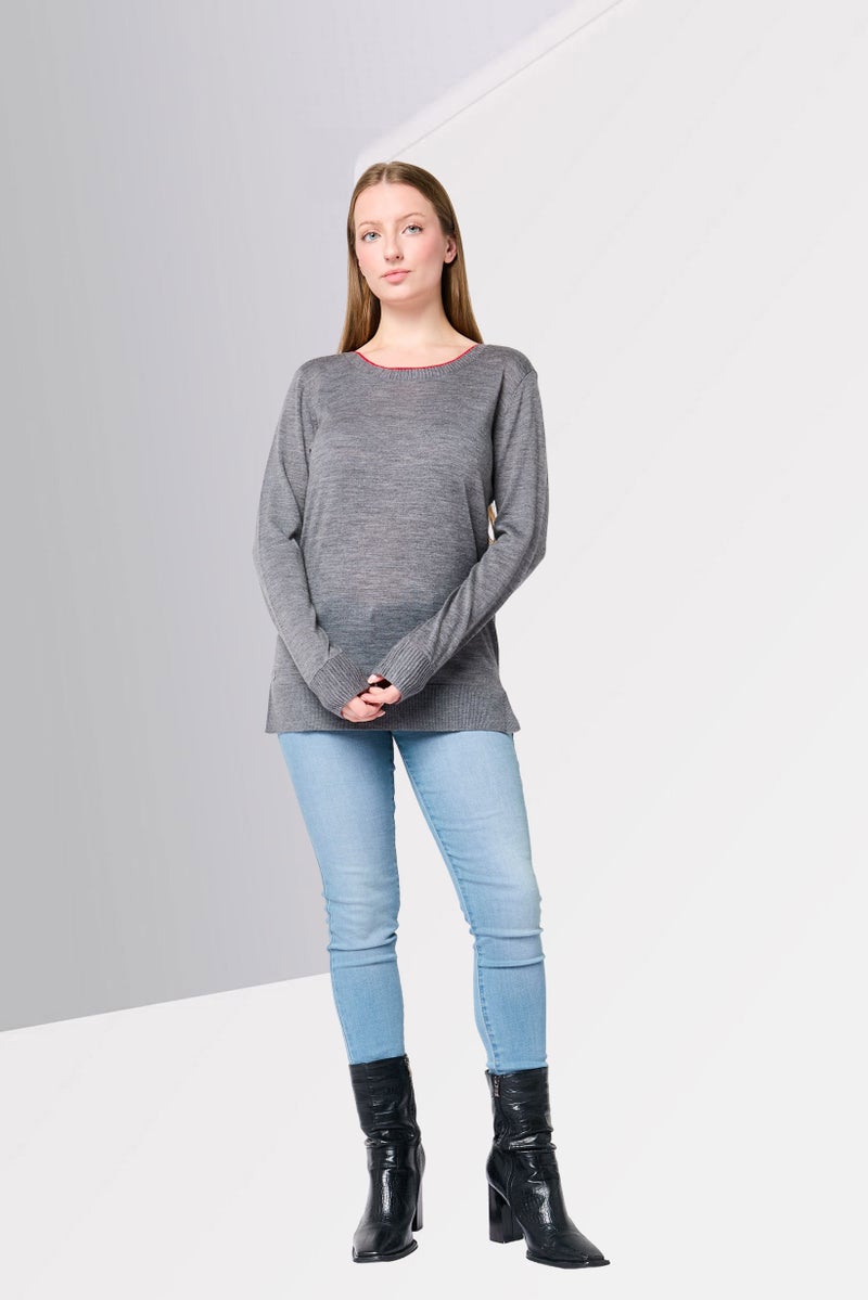 LACOSTE Women Ribbed Neck Long Sleeve Heather Sweaters, Heather Grey - Image 2
