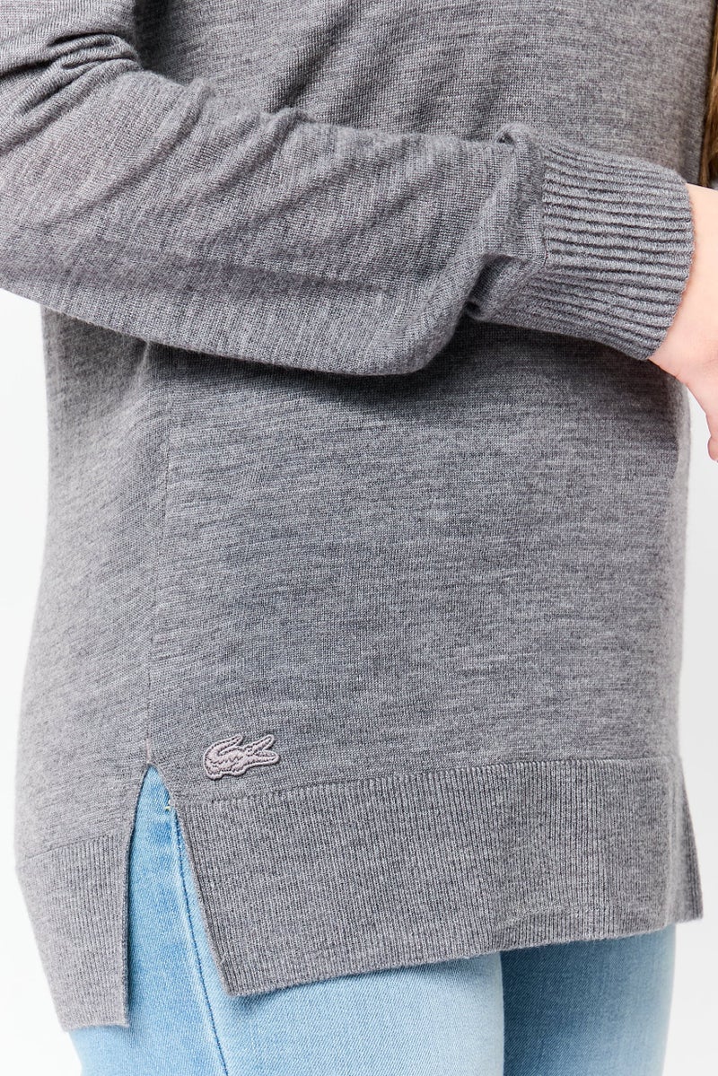 LACOSTE Women Ribbed Neck Long Sleeve Heather Sweaters, Heather Grey - Image 3