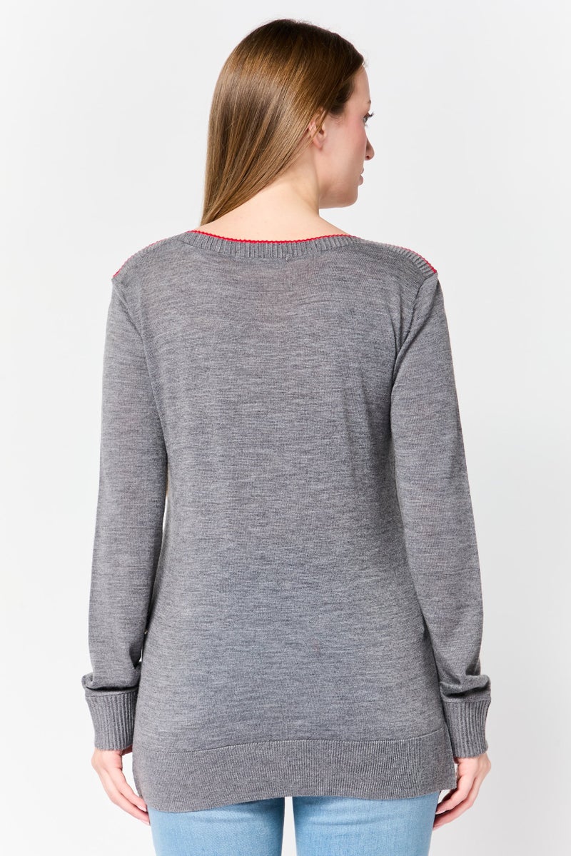 LACOSTE Women Ribbed Neck Long Sleeve Heather Sweaters, Heather Grey - Image 4