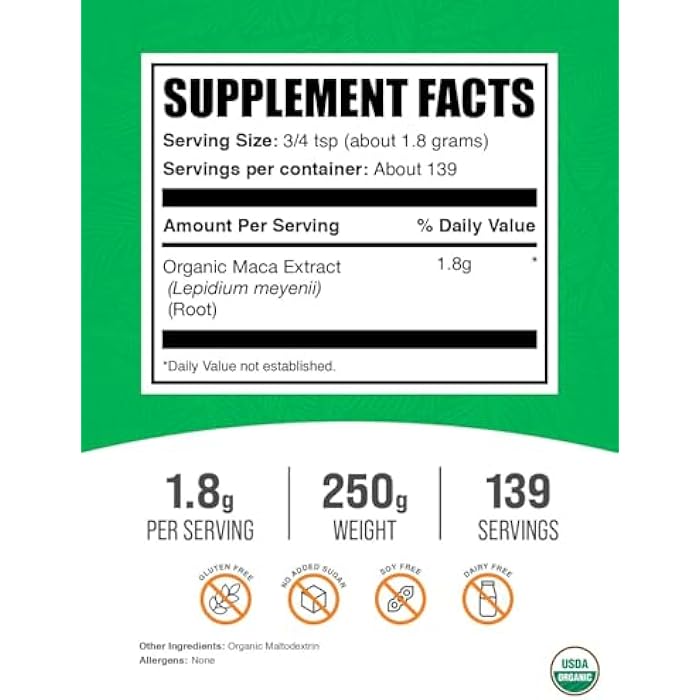 BulkSupplements.com Organic Maca Root Extract Powder - Organic Maca Powder, Nutritional Supplement - Vegan & Gluten Free, 1.8g of per Serving, 250g (8.8 oz) (Pack of 1) - Image 2