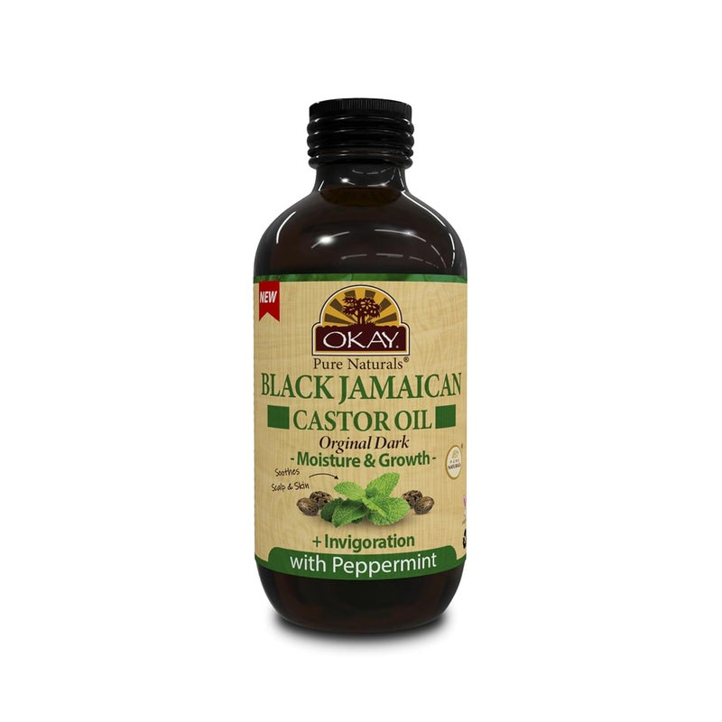 OKAY Okay Pure Naturals Black Jamaican Castor Oil - Castor Oil for Hair Growth, Moisture for Skin, Face, Scalp, Eyelashes, Eyebrows - Hair Oil for Men & Women - Peppermint, 4 oz Glass Bottle 