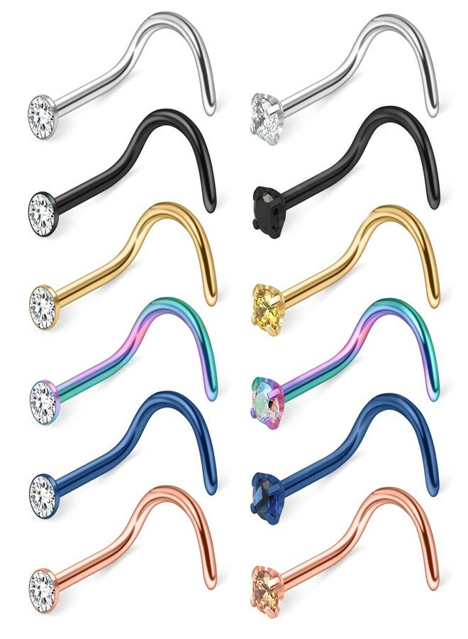 Ruifan 12PCS 18G Mix Color Stainless Steel Clear Diamond CZ Nose Studs Rings Screw Bend Piercing Jewelry 2mm - Image 1