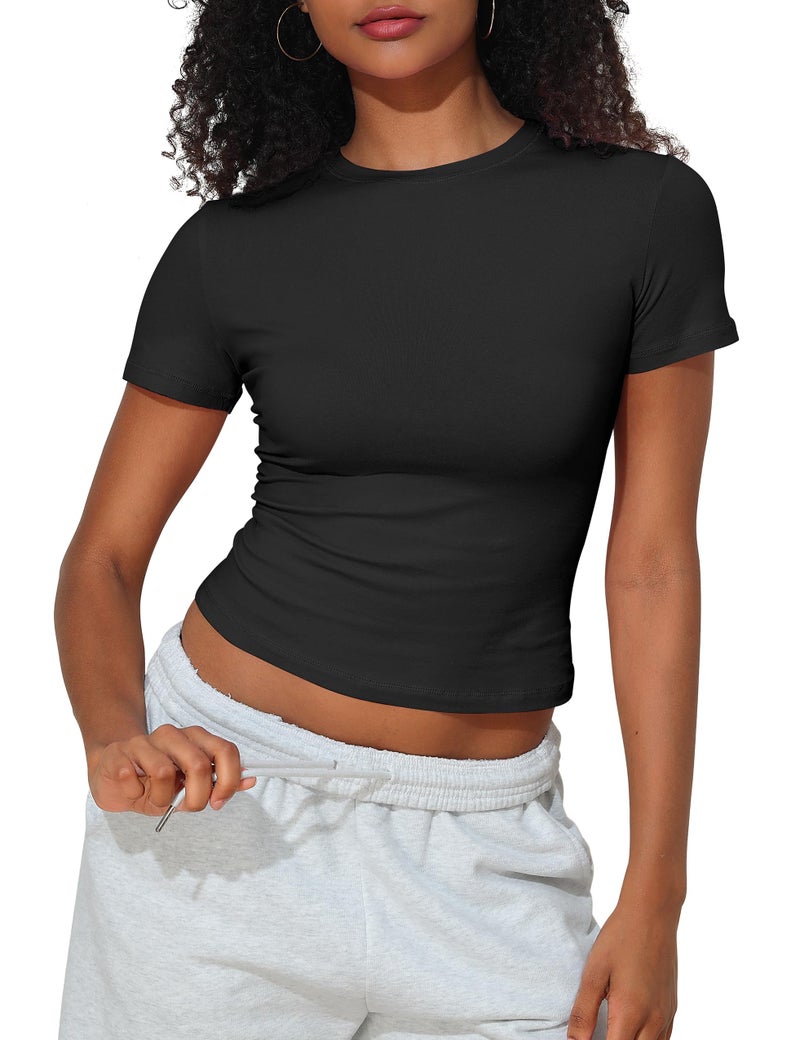 PrettyGuide Summer Short Sleeve T Shirts for Women Crewneck Fitted Basic Tops Cute Baby Tee Black M - Image 1