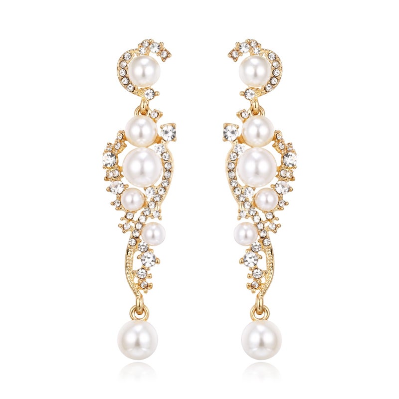 EVER FAITH Women's Austrian Crystal Cream Simulated Pearl Bridal Vine Dangle Earrings Clear Gold-Tone - Image 1