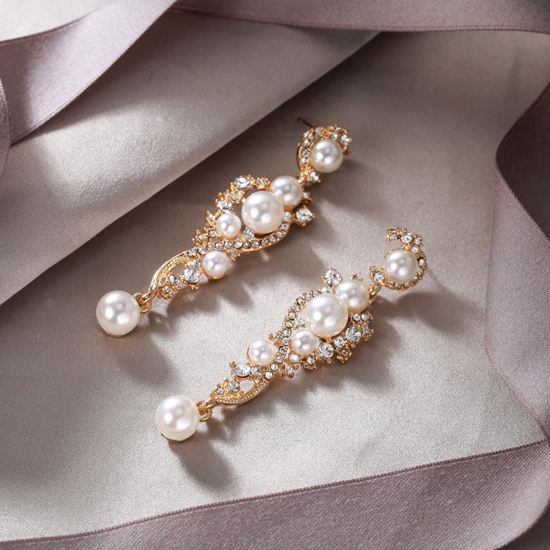 EVER FAITH Women's Austrian Crystal Cream Simulated Pearl Bridal Vine Dangle Earrings Clear Gold-Tone - Image 5