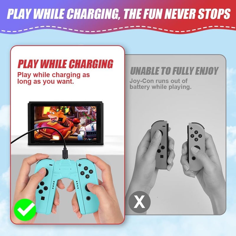 OFFCUP Charger Compatible with Joy Con for Nintendo Switch and OLED Model, Charging Grip Handle, Comfort V-Shaped Game Controller with LED Indicator, USB Type-C, Blue - Image 5