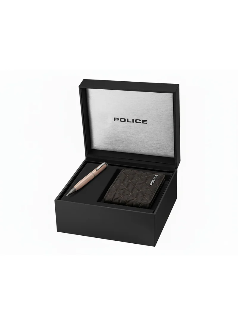 POLICE Men’s Gift Set with Brown Leather Bifold Wallet & Bronze-Black Stainless Steel Pen