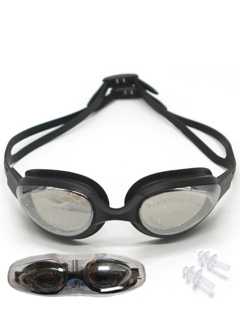 G-102 Anti-Fog Swim Goggles Mirror Lens With Box & Ear Plugs, Black