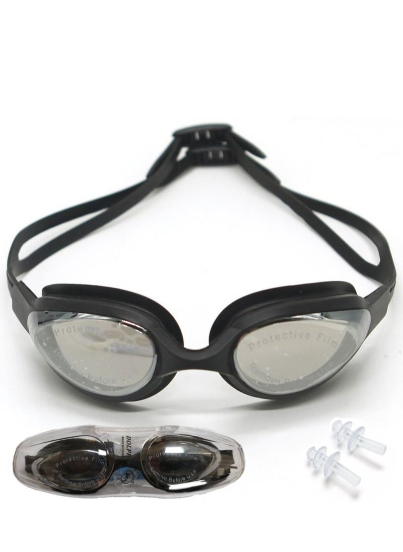 Dolphin G-102 Anti-Fog Swim Goggles Mirror Lens With Box & Ear Plugs, Black 