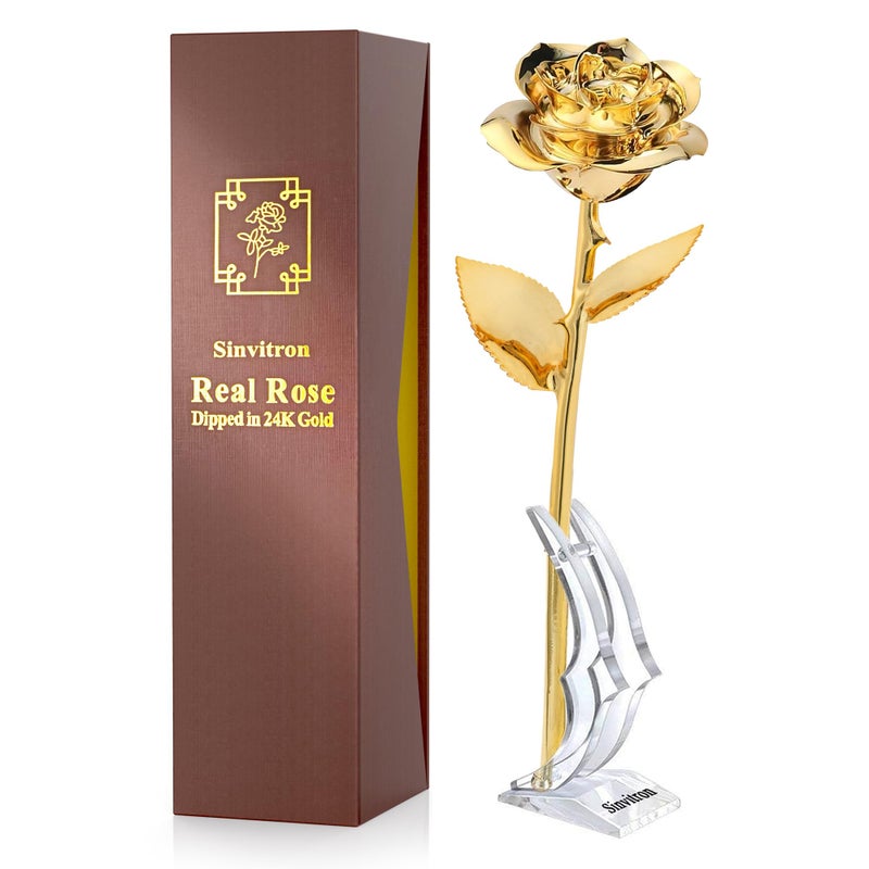 Sinvitron Gold Dipped Rose Real 24K Gold Rose  Long Stem Hand Dipped in 24K Golden Roses  Birthday Gift for Women Gifts for Her  Dipped Gold Rose for Anniversary  Mothers and Valentines Day (Golden)