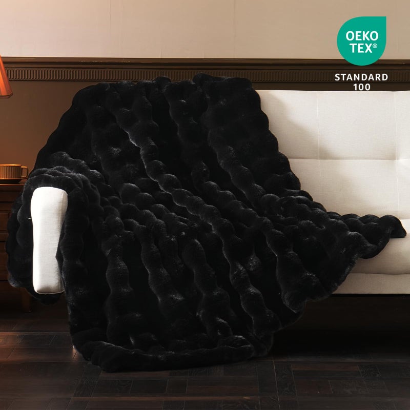 BENVWE Faux Fur Throw Blanket Soft Plush Fluffy Blanket for Couch Sofa  Thickened Cozy Fuzzy Luxury Bubble Blanket for Bedroom Living Room Decor Black 60"" x 80"" 1100GSM - Image 3
