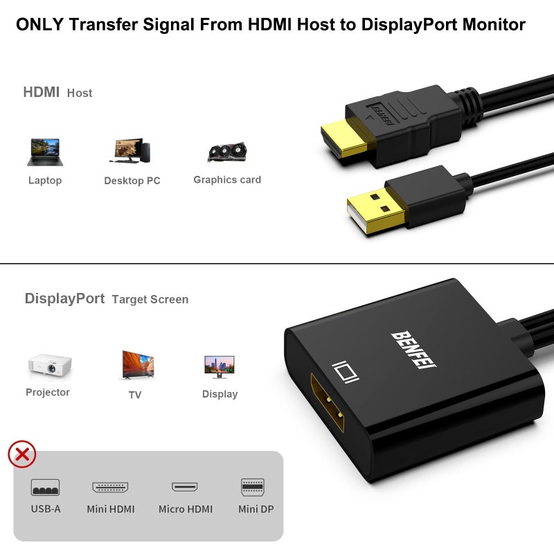 BENFEI HDMI to DisplayPort, Uni-Directional HDMI (Source) to DisplayPort (Display) Adapter 4K@60Hz/2K@144Hz/1080P@165Hz Compatible with Laptop, Xbox 360 One, PS4 PS3 Device - Image 3