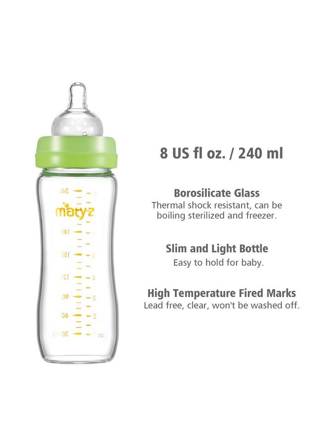 Matyz 8 Ounce Glass Baby Feeding Bottle With Nipple Light And Slim Bottle Easy To Hold Food Grade Borosilicate Glass Wide Neck Breastmilk Feeding Bottle Easy To Clean Bpa Free (Green Lids) - Image 3