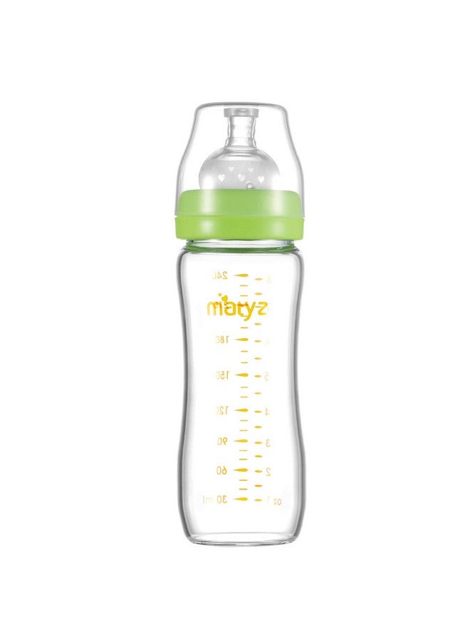 Matyz 8 Ounce Glass Baby Feeding Bottle With Nipple Light And Slim Bottle Easy To Hold Food Grade Borosilicate Glass Wide Neck Breastmilk Feeding Bottle Easy To Clean Bpa Free (Green Lids) - Image 1