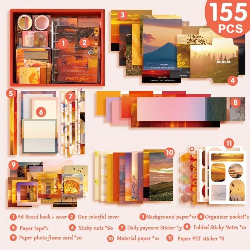 CESITRA Journal Scrapbook Kit | Vintage Aesthetic Scrapbook Kit | Journal Supplies with Scrapbooking Paper Birthday Craft Gift | Scrapbook for Kids Girl (Orange Sunset Glow Scrapbook) - Image 2