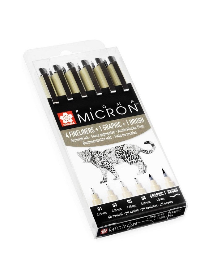 SAKURA Pigma Micron - Pigment Fineliner Pens - 01/03/05/08/Graphic/Brush - Wallet Of 6 - Black Ink  - Image 3