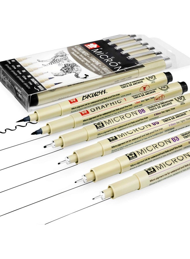 SAKURA Pigma Micron - Pigment Fineliner Pens - 01/03/05/08/Graphic/Brush - Wallet Of 6 - Black Ink  - Image 4