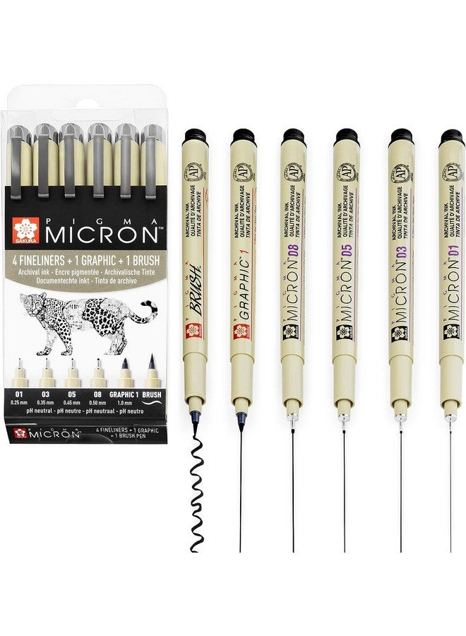 SAKURA Pigma Micron - Pigment Fineliner Pens - 01/03/05/08/Graphic/Brush - Wallet Of 6 - Black Ink  - Image 1