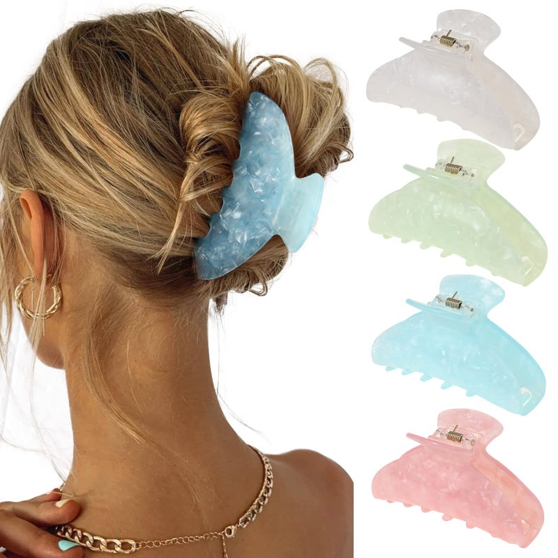HAIMEIKANG 4Pcs Large Acrylic Hair Claw Clips - Hair Clips with Strong Hold for Thick Hair, Non-slip Banana Barrettes for Women Girls (Shell: light green/white/pink/blue) - Image 1