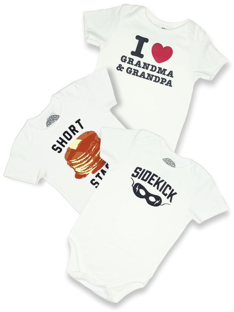 TuddyBuddy Baby's 100% Cotton Rompers/Bodysuits for Baby - Pack of 3 (Short Sleeves Chest Printed Romper - 6-9 Months, White) - Image 1