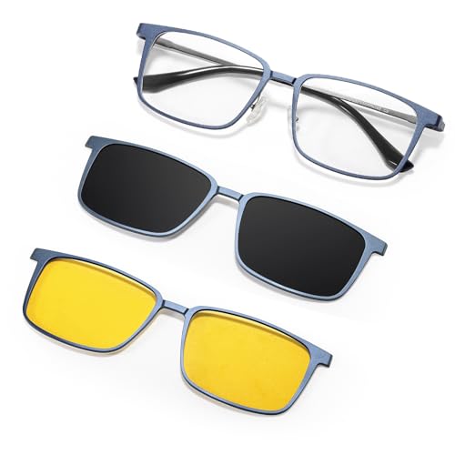 TEAPLMTT Magnetic Clip On Sunglasses for Men Polarized Retro Square Night Driving Al-Mg Glasses UV Protection(Blue) - Image 1