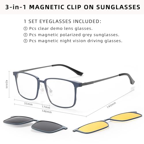 TEAPLMTT Magnetic Clip On Sunglasses for Men Polarized Retro Square Night Driving Al-Mg Glasses UV Protection(Blue) - Image 5