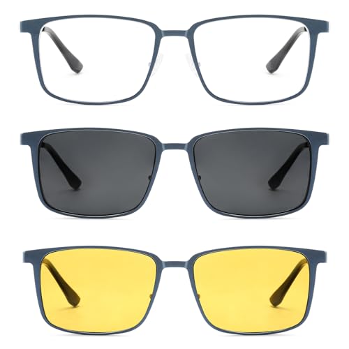 TEAPLMTT Magnetic Clip On Sunglasses for Men Polarized Retro Square Night Driving Al-Mg Glasses UV Protection(Blue) - Image 2