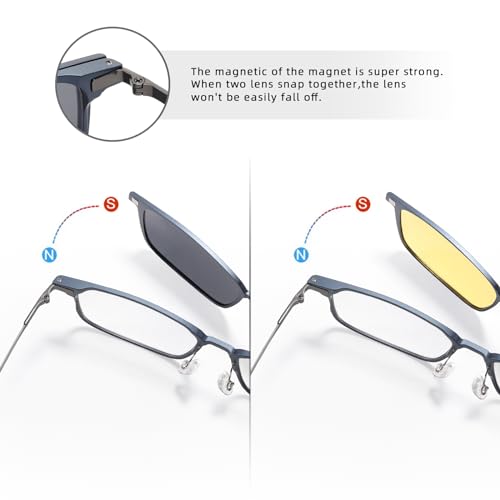 TEAPLMTT Magnetic Clip On Sunglasses for Men Polarized Retro Square Night Driving Al-Mg Glasses UV Protection(Blue) - Image 4