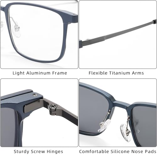 TEAPLMTT Magnetic Clip On Sunglasses for Men Polarized Retro Square Night Driving Al-Mg Glasses UV Protection(Blue) - Image 3