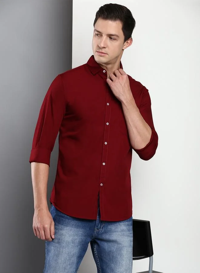 Dennis Lingo Slim Fit Maroon Men's Casual Shirt, Spread Collar, Full Sleeves, 100% Cotton,