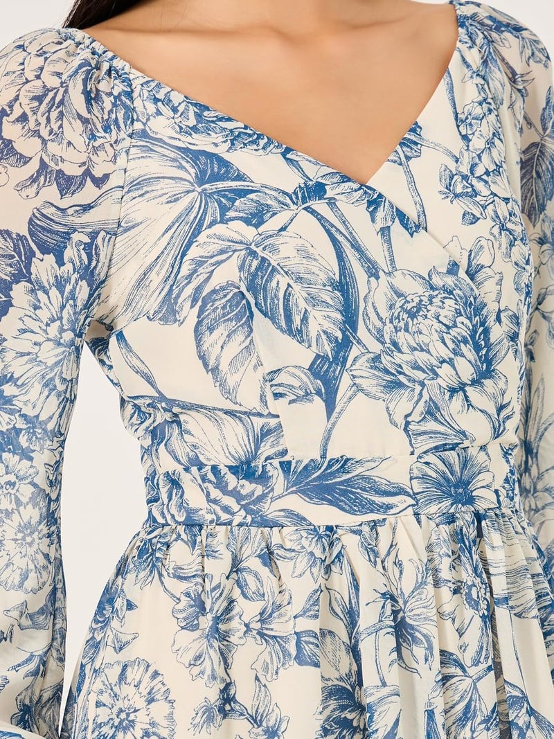 Women's Floral Print Long Sleeves A-Line Maxi Dress in Blue - Image 5