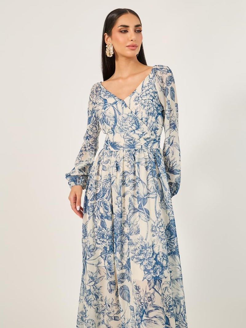 Women's Floral Print Long Sleeves A-Line Maxi Dress in Blue - Image 4