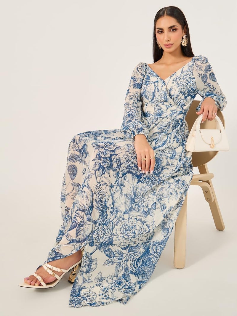 Women's Floral Print Long Sleeves A-Line Maxi Dress in Blue - Image 2