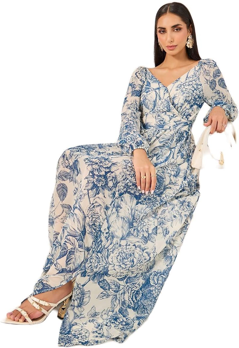 Women's Floral Print Long Sleeves A-Line Maxi Dress in Blue - Image 1
