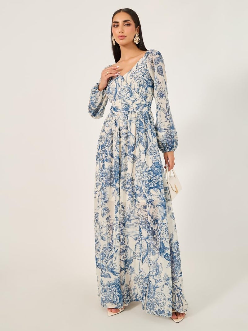 Women's Floral Print Long Sleeves A-Line Maxi Dress in Blue - Image 3