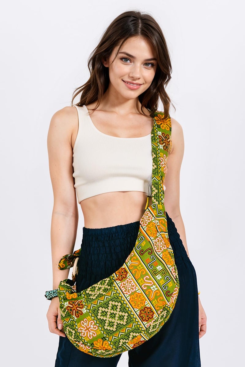 Your Cozy Hobo Crossbody Bag for Women – Handmade Cotton Boho Purse with Wooden Ring | Lightweight Slouchy Shoulder Sling Tote Bag (Tribe_Green) - Image 3