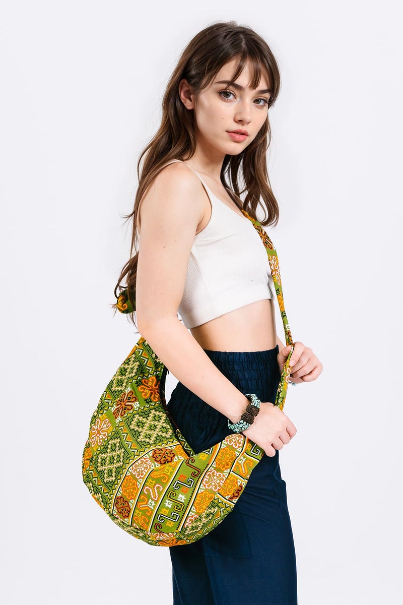 Your Cozy Hobo Crossbody Bag for Women – Handmade Cotton Boho Purse with Wooden Ring | Lightweight Slouchy Shoulder Sling Tote Bag (Tribe_Green) - Image 4