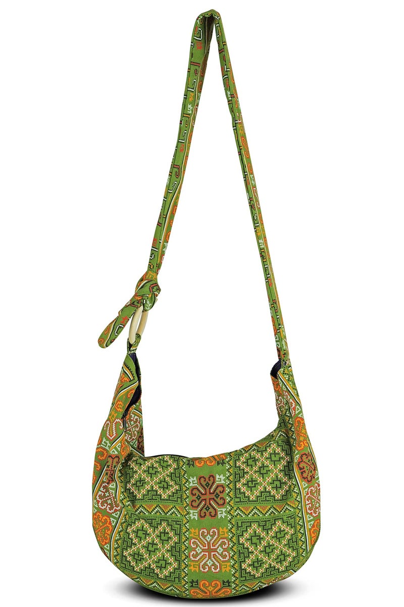 Your Cozy Hobo Crossbody Bag for Women – Handmade Cotton Boho Purse with Wooden Ring | Lightweight Slouchy Shoulder Sling Tote Bag (Tribe_Green) - Image 2