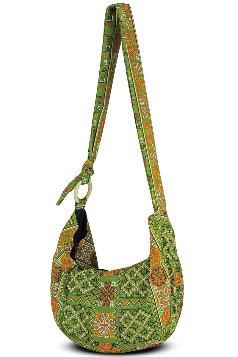 Your Cozy Hobo Crossbody Bag for Women – Handmade Cotton Boho Purse with Wooden Ring | Lightweight Slouchy Shoulder Sling Tote Bag (Tribe_Green) - Image 1
