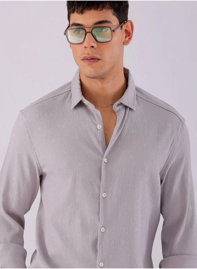 The Indian Garage Co Men Slim Fit Textured Solid Full Sleeves Cutaway Collar Resort Wear Shirt