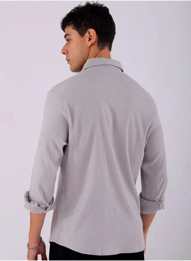 The Indian Garage Co Men Slim Fit Textured Solid Full Sleeves Cutaway Collar Resort Wear Shirt