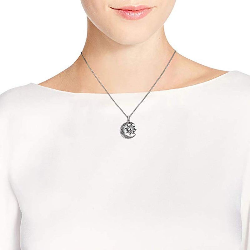QIAN0813 Vintage Bronze Crescent Moon and Sun Pendant Necklace Retro Swirl Filigree Unisex Jewelry Gifts (Silver) - Image 4