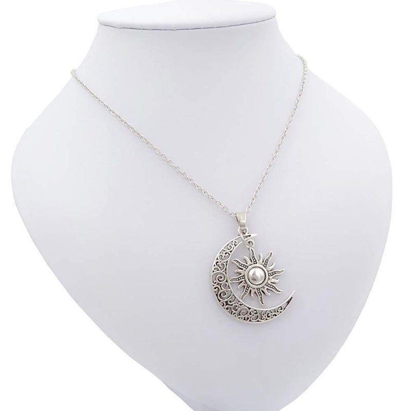 QIAN0813 Vintage Bronze Crescent Moon and Sun Pendant Necklace Retro Swirl Filigree Unisex Jewelry Gifts (Silver) - Image 2