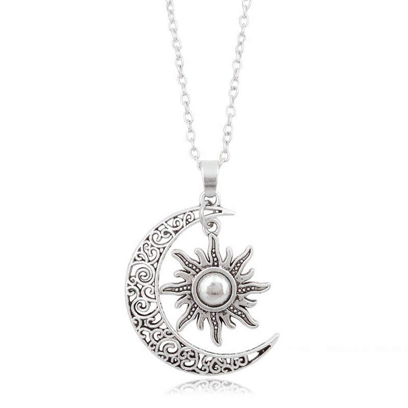 QIAN0813 Vintage Bronze Crescent Moon and Sun Pendant Necklace Retro Swirl Filigree Unisex Jewelry Gifts (Silver) - Image 1
