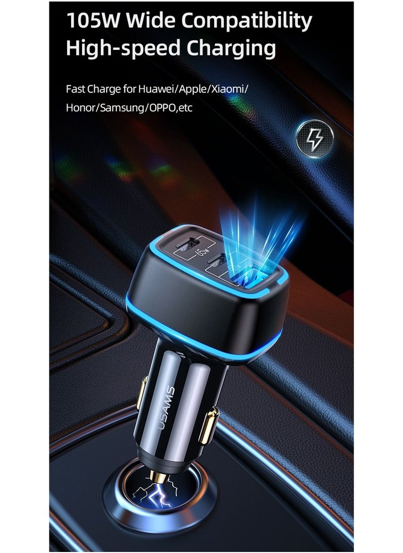 Usams - 105W Car Charger 3 USB Ports Fast Car Charger Adapter 65W USB-C PD QC4.0 20W QC3.0 Support AFC FCP SCP PPS Fast Charging For iPhone 12 12 Mini 12 Pro Max For Samsung Galaxy Note 20 Huawei - Image 1